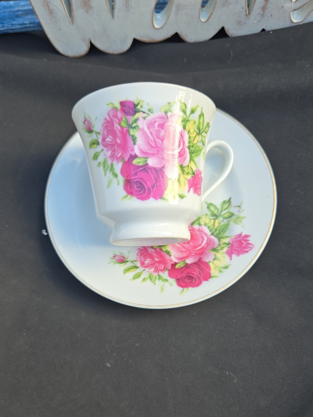 Vintage Pink Rose Porcelain Teacup and Saucer Set